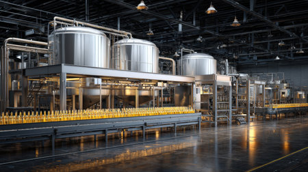 This image showcases a modern industrial factory filled with stainless steel tanks and an automated bottling line, representing efficiency in manufacturing processes.の素材