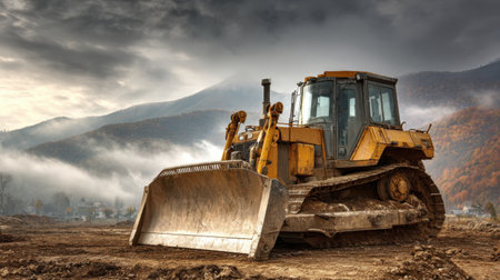 A bulldozer sits prominently on a construction site, surrounded by rugged terrain and mountains. The dramatic sky adds to the powerful essence of this industrial scene.の素材