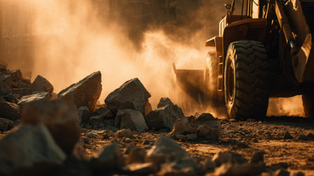 A powerful loader maneuvers heavy rocks at a construction site, enveloped in dust and warm sunlight, capturing the essence of industrial labor dynamics and environmental impact.の素材