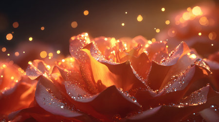 A stunning close-up of rose blossoms adorned with dew drops, illuminated by warm light, creates a dreamy ambiance perfect for celebrating beauty and natureの素材