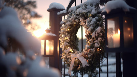 A stunning Christmas wreath with a snow-covered finish and decorative lights hangs on a gate. Glowing lanterns provide warmth in a serene winter sunset.の素材