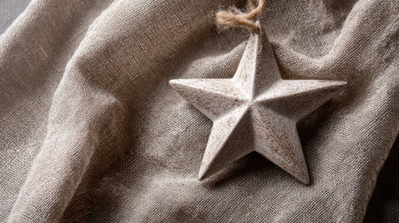 A rustic white star ornament rests on soft natural linen fabric, showcasing delicate textures and earthy tones, perfect for enhancing home decor with charm and warmth.の素材