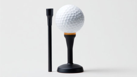 A simple yet striking image of a classic white golf ball resting on a sleek black tee, perfect for illustrating themes related to sports, recreation, and active lifestyles.の素材