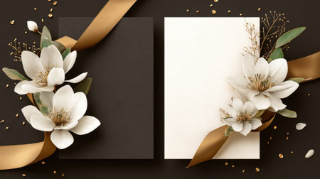 A stunning flatlay showcasing elegant white magnolia flowers entwined with golden ribbons on black and white card templates, perfect for invitations or artistic design projects.の素材