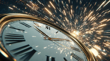 A close-up of a clock face with Roman numerals, set against a vibrant display of fireworks, capturing the essence of celebration and the passage of time.の素材