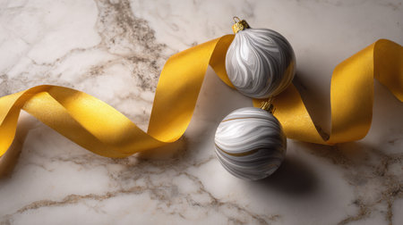 Beautifully styled Christmas ornaments on a luxurious marble surface with a golden ribbon. Perfect for holiday decor and seasonal celebration inspiration.の素材