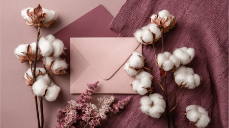 This image features a beautiful composition of soft cotton flowers and a delicate envelope, set against a textured pastel pink background, perfect for a cozy aesthetic.の素材