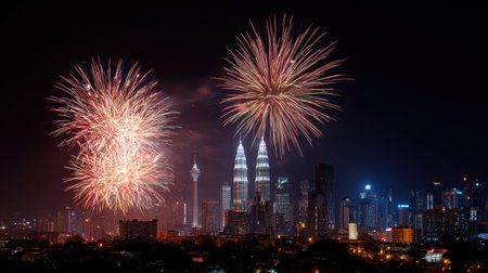 A stunning view of a fireworks display lighting up the night sky above Kuala Lumpur, featuring the iconic Petronas Towers and vibrant city lights below.の素材