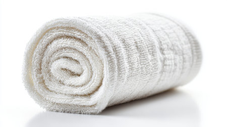 This soft white towel is rolled neatly on a clean surface, making it perfect for various settings such as spas, gyms, and homes, enhancing relaxation and comfort.の素材