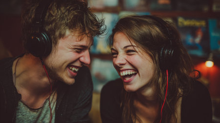 A joyful couple shares an intimate moment as they listen to music through headphones, radiating happiness and connection in a cozy atmosphere.の素材