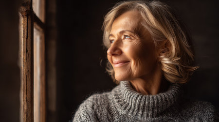 A thoughtful elderly woman with gray hair reflects on her life while gazing out of a window. She embodies serenity and warmth in a cozy interior setting, creating a peaceful atmosphere.の素材
