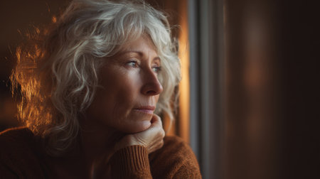 A thoughtful woman with gray hair gazes out the window, lost in deep reflection and introspection during a quiet evening moment, capturing serenity and emotion.の素材