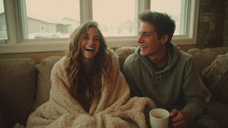 A joyful young couple shares a warm moment indoors, wrapped in a cozy blanket while enjoying hot drinks by the window, creating a cheerful atmosphere on a snowy day.の素材