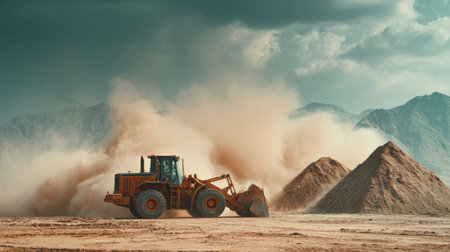 A construction loader moves sand at a worksite, creating a cloud of dust against a backdrop of mountains under a stormy sky, showcasing operational efficiency.の素材
