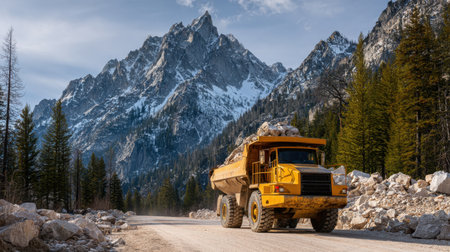 A yellow dump truck navigates a gravel road transporting rocks amid stunning mountainous scenery, showcasing the blend of nature and construction activities.の素材