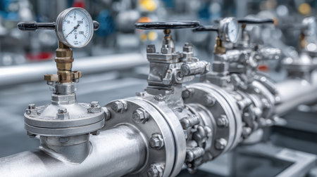 Close-up view of precision-engineered valves and pressure gauges within a modern industrial pipeline, showcasing advanced technology in manufacturing and energy processes.の素材