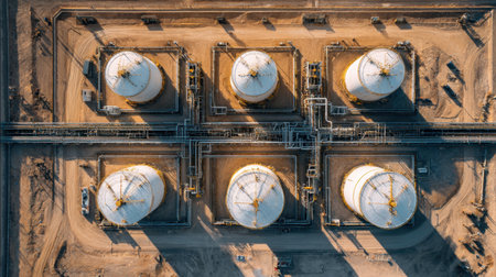 This aerial image captures a large industrial site featuring multiple storage tanks used in oil and gas operations, highlighting infrastructure and landscape.の素材