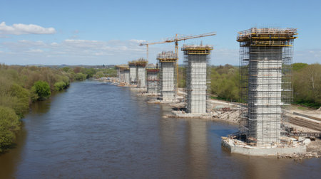 A picturesque view of bridge pillars under construction along a river. The image showcases engineering development, nature, and urban progress in a bright, clear setting.の素材