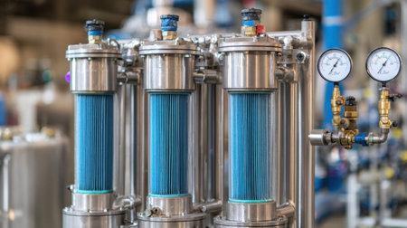 High-resolution image of an advanced filtration system featuring blue filter cartridges and pressure gauges, ideal for showcasing modern industrial processes and technology.の素材