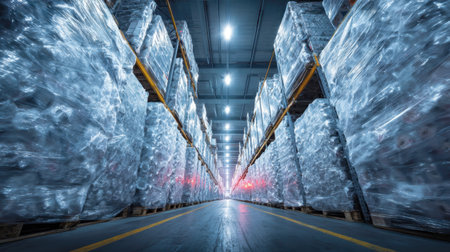A striking perspective of a modern warehouse showcasing neatly stacked pallets wrapped in plastic, illuminated by bright LED lights, conveying efficiency and organization.の素材