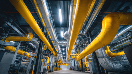 A striking view of a modern industrial facility showcasing yellow ventilation pipes and a clean interior. The dynamic perspective emphasizes industrial design and engineering.の素材