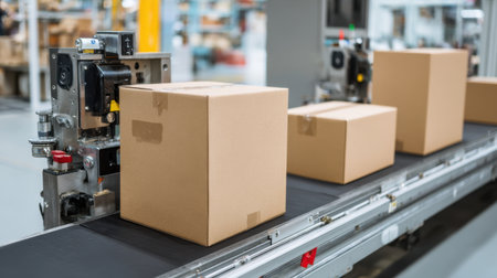 This image showcases an automated packaging process featuring brown cartons moving along a conveyor belt in a modern warehouse environment, emphasizing efficiency in logistics.の素材