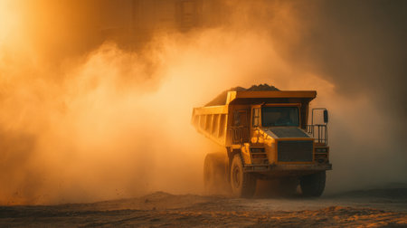A heavy dump truck navigates through a dusty construction site at sunset, creating a stunning atmosphere filled with warm light and dust clouds in motion.の素材