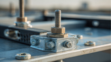 This close-up image captures the intricate details of a metal bolt and nut on a steel structure, highlighting precision engineering and construction elements in an industrial setting.の素材