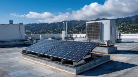 A clear view of solar panels installed on a rooftop alongside an air conditioning unit, showcasing urban sustainability and energy efficiency in a mountainous landscape.の素材