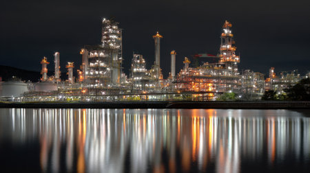 A stunning nighttime image of an industrial complex featuring illuminated structures. The vibrant lights reflect beautifully on the calm water surface, highlighting modern engineering.の素材