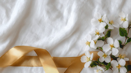 This image features delicate white flowers accompanied by a luxurious golden ribbon, set against a soft fabric background, perfect for weddings and elegant decor.の素材