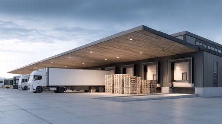 A modern warehouse facility featuring delivery trucks, stacked pallets, and loading docks set against a cloudy dawn sky, emphasizing efficiency in logistics and transportation.の素材