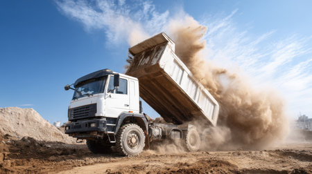 A heavy dumper truck actively unloading sand and dirt at a construction site, creating dust clouds under a clear blue sky, showcasing machinery in action.の素材