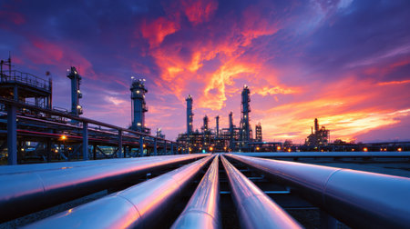 Stunning image of an industrial scene featuring gas pipelines leading towards a vibrant sunset sky. The oil refinery showcases modern technology and energy production.の素材