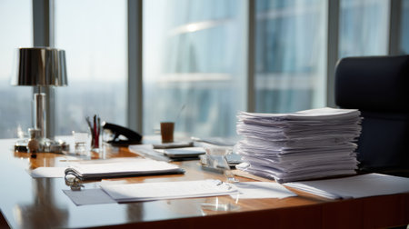 A modern office desk filled with neatly stacked paperwork and essential stationary, providing an organized workspace with a stunning city view and bright lighting.の素材