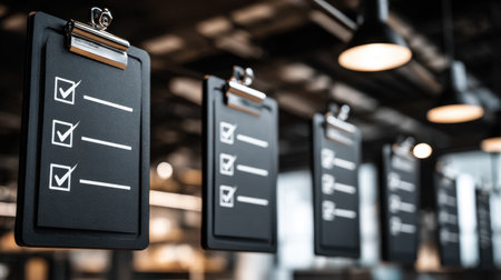 This image features clipboards with checklists dangling in a contemporary office space, highlighting themes of organization, productivity, and modern workspace design.の素材