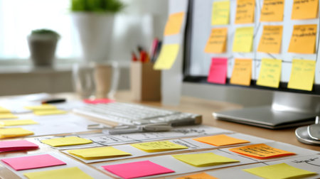 A vibrant workspace with colorful sticky notes, a computer, and office supplies reflects a productive atmosphere. Ideal for project management and creative brainstorming.の素材
