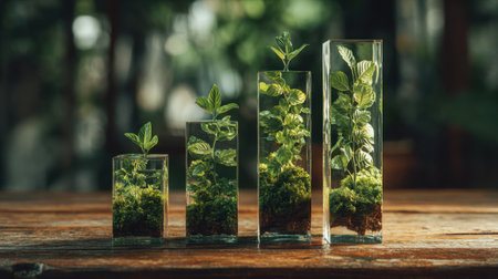 Collection of fresh green plants thriving in clear glass containers, showcasing organic growth and tranquility in a beautifully lit indoor space. Ideal for nature themes.の素材