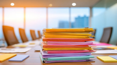 A vibrant display of organized paperwork highlights the importance of efficiency in a professional workspace. The modern office setting enhances focus and collaboration.の素材