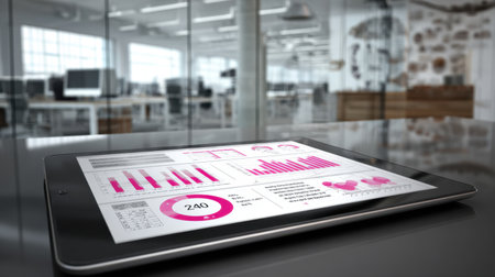 A modern tablet lays on a sleek desk, showcasing colorful graphs and charts that represent data analysis. The bright, contemporary office serves as a productive backdrop.の素材