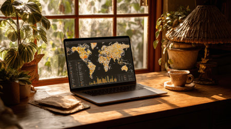 A serene workspace featuring a laptop displaying a vibrant world map, surrounded by indoor plants, a warm light, and a coffee cup, creating a tranquil atmosphere.の素材