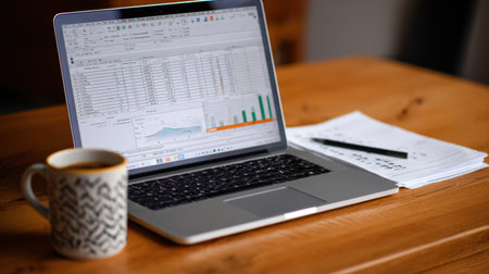 A stylish laptop rests on a wooden table beside a coffee cup, open to a spreadsheet full of graphs and data, creating an inviting workspace for productivity.の素材