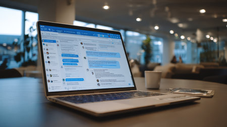This image showcases a modern workspace featuring a laptop displaying a messaging application, set in a cozy coffee shop ambiance with soft lighting.の素材
