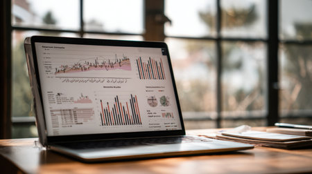 A modern laptop showcases dynamic analytical charts and graphs in a bright workspace, emphasizing data-driven insights and business strategy in a stylish environment.の素材