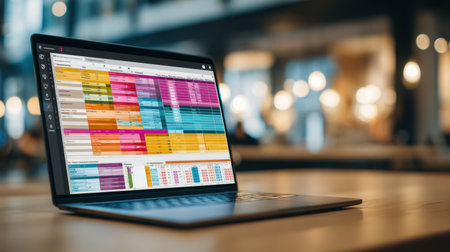 A vibrant spreadsheet displayed on a laptop screen captures the essence of modern workspaces, showcasing data organization and digital productivity in a creative office setting.の素材