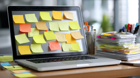 A vibrant and busy workspace featuring a laptop covered in sticky notes, symbolizing creativity and organization amidst a modern office environment.の素材