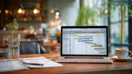 A stylish workspace featuring a laptop with a Gantt chart, a cozy coffee cup, and inviting green plants creates an ideal environment for productivity and creativity.の素材