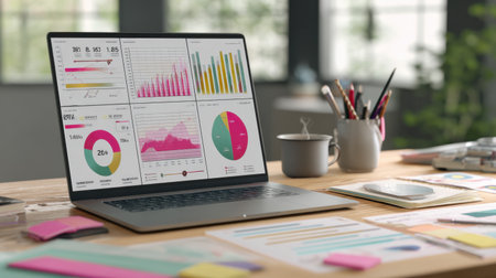 A modern workspace displaying a laptop with vibrant data charts and graphs, surrounded by stationery items, inspiring organization and productivity in an office environment.の素材