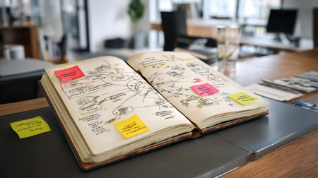 An open notebook with vibrant notes and sketches in a modern office, symbolizing creativity and collaboration. Ideal for concepts of brainstorming and innovation.の素材