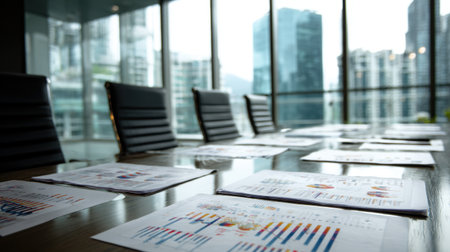 A professional conference room showcasing extensive business reports and data charts on a sleek table, surrounded by a modern city skyline through large windows.の素材